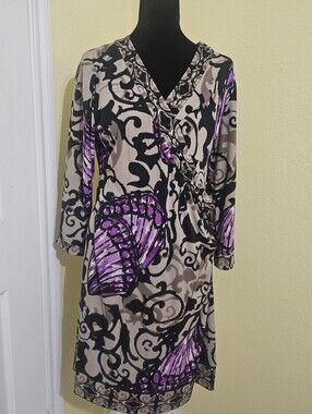 Alfani Purple, Black & Cream Printed Wrap-Style Midi Dress